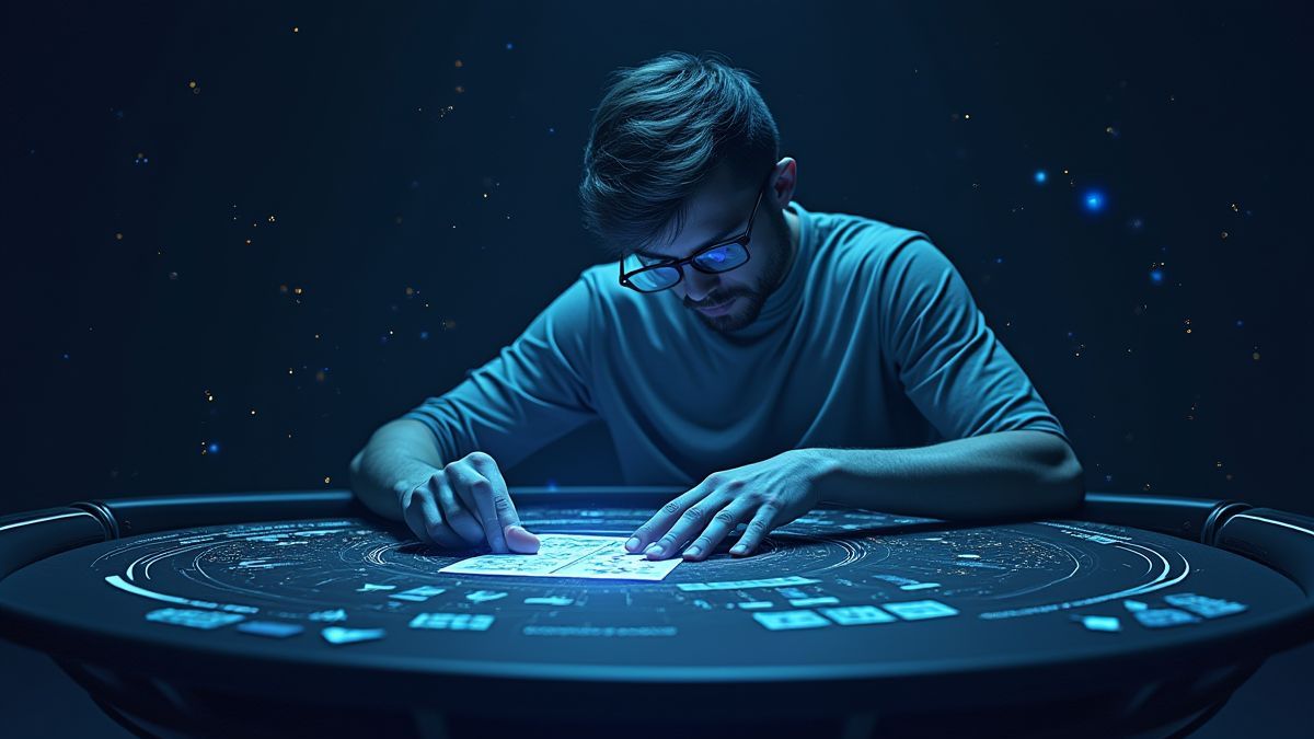 Jugador de poker calculando estrategias en una mesa digital.