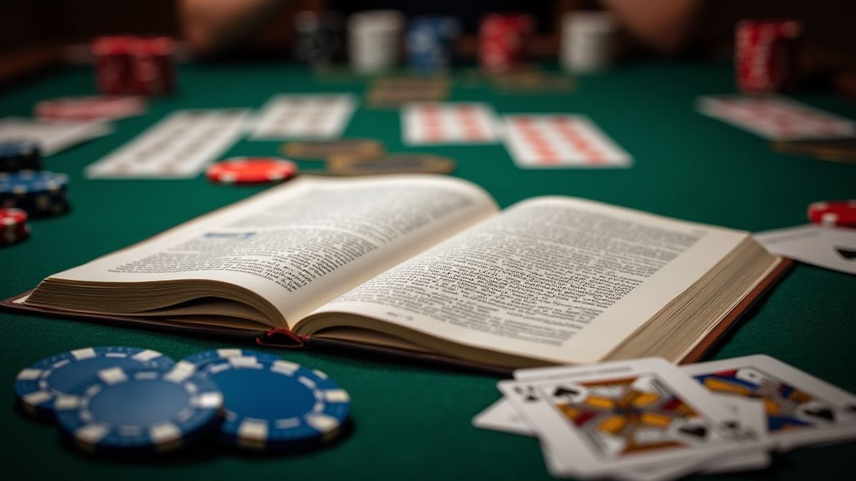 Guía de estrategias sobre una mesa de póker con cartas y fichas.