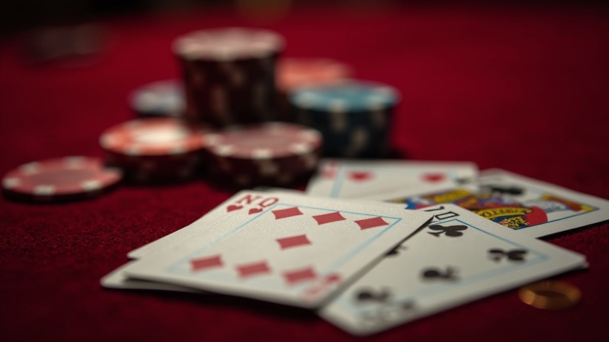 Kartenstapel und Pokerchips auf einem Samttisch