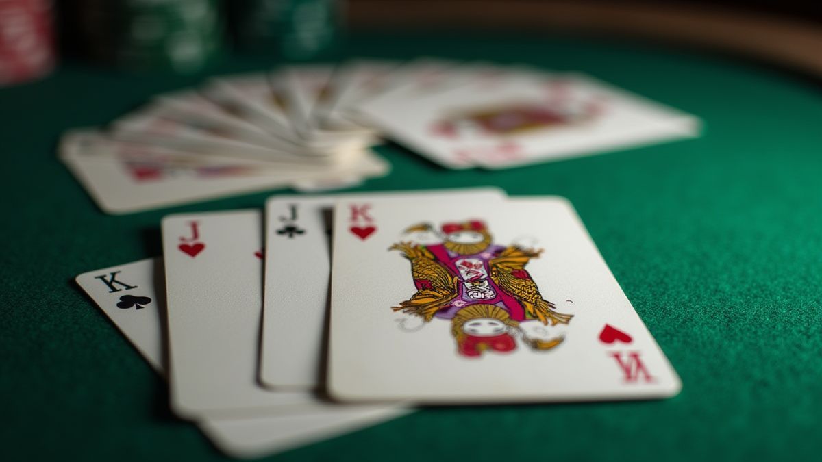 Un mazo de cartas con un joker destacado sobre una mesa verde de poker.