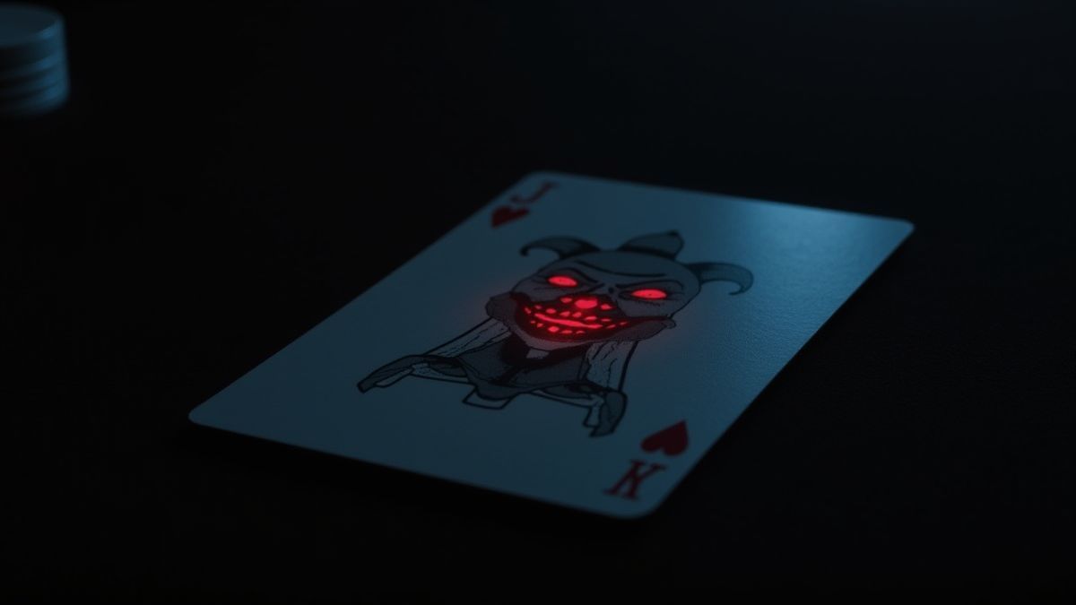 Una carta de joker brillando intensamente en una mesa de poker oscura.