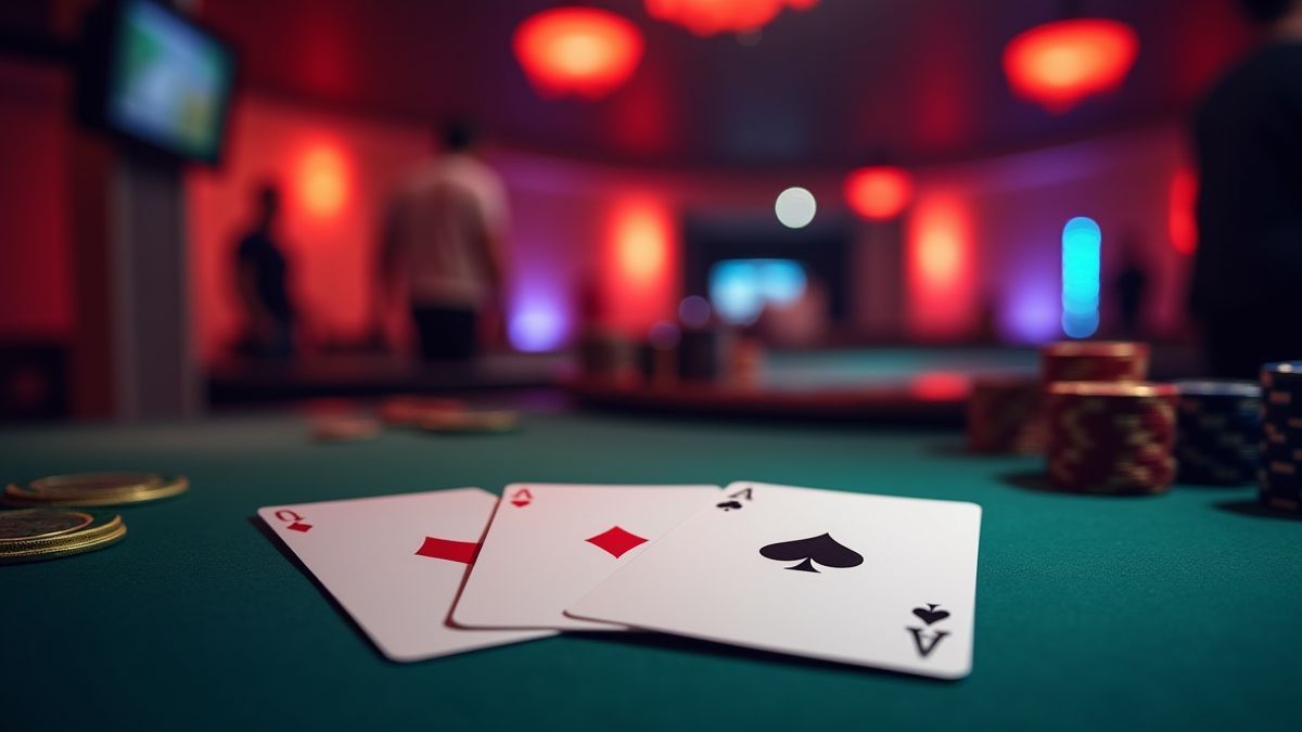 Un casino vibrante avec trois mains de poker déployées sur une table.