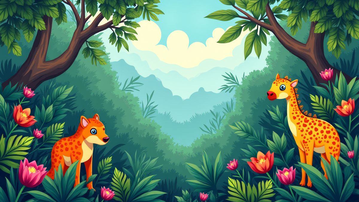 Escena de jungla vibrante con plantas exóticas y animales.