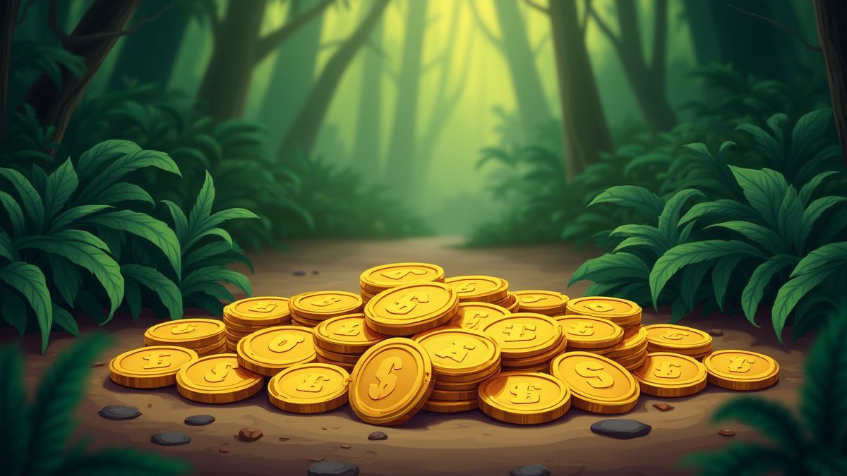 Monedas doradas esparcidas en el suelo de la jungla.