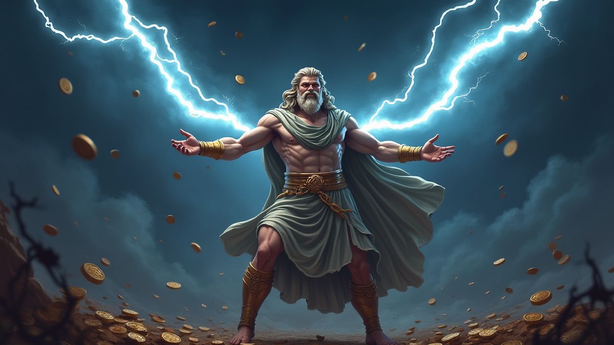 Zeus lançant des éclairs et des pièces tombant.