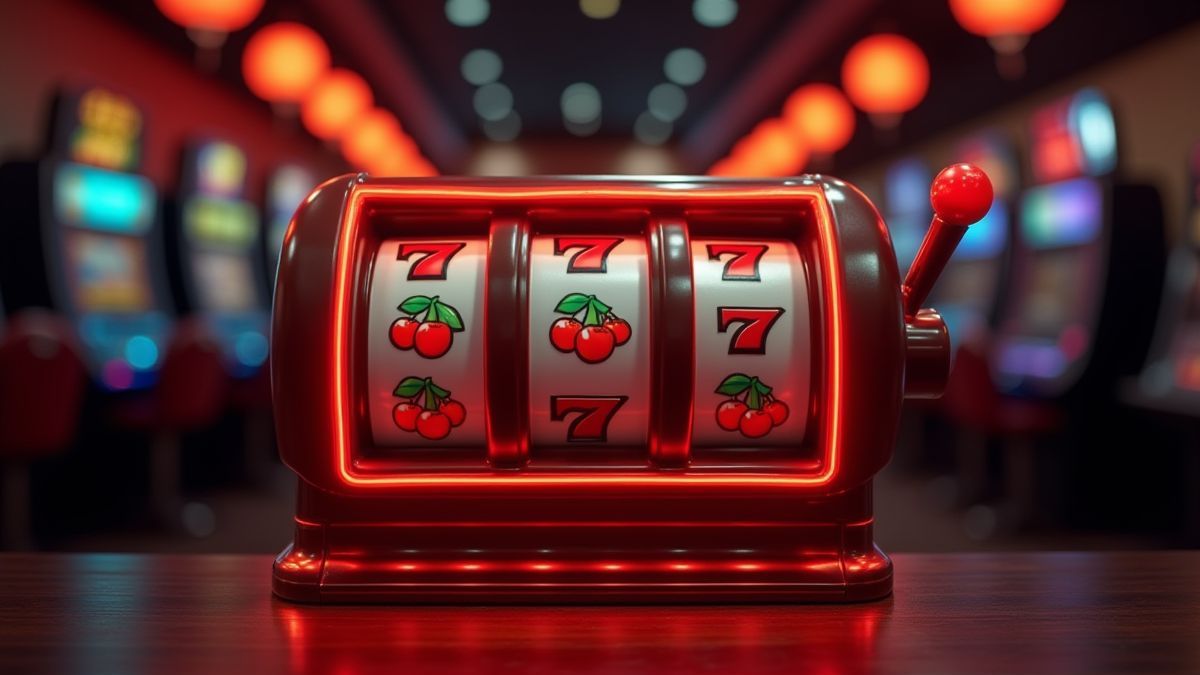 Ambiente de casino con una máquina tragaperras clásica y símbolos tradicionales.