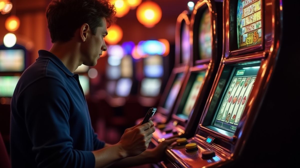 Persona jugando en una máquina tragaperras clásica en un ambiente acogedor.