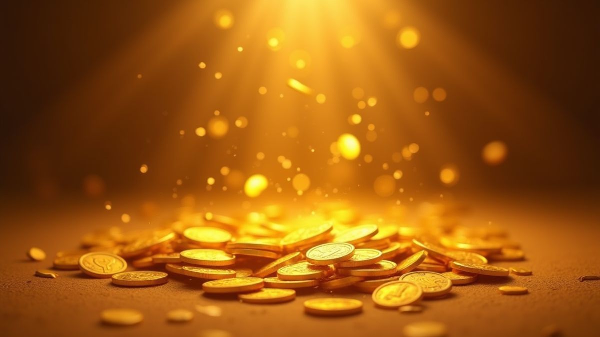 Des pièces d'or tombant dans un cadre égyptien mystique.