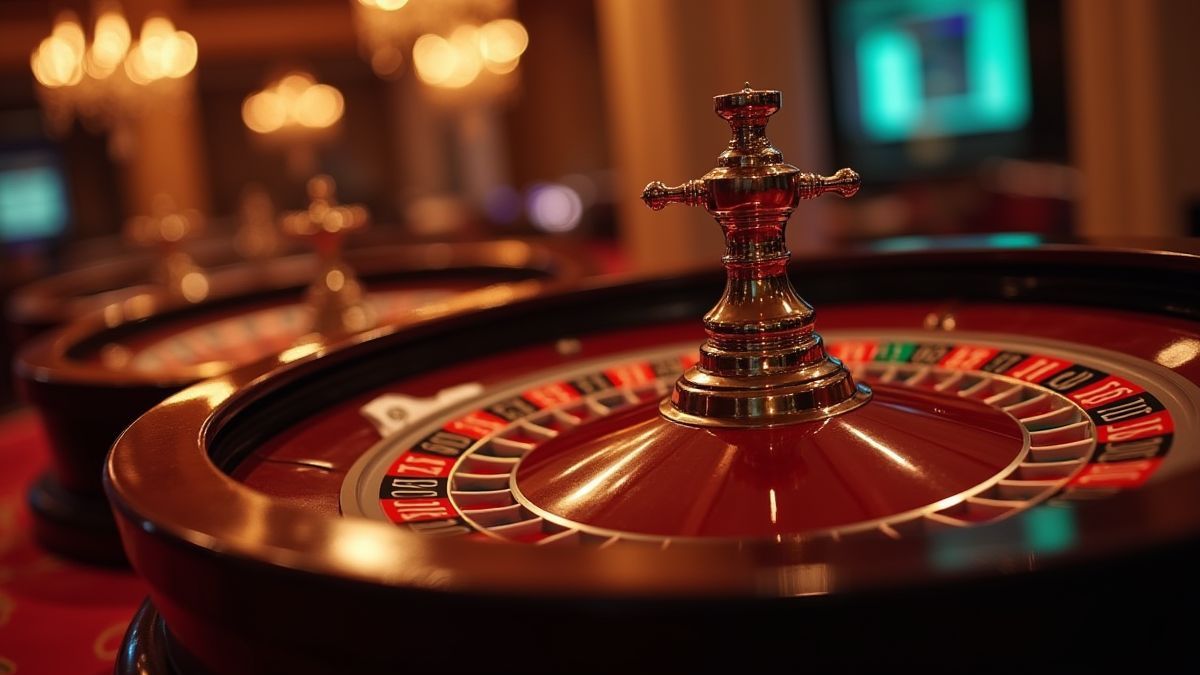 Três rodas de roleta girando em um ambiente de cassino elegante.