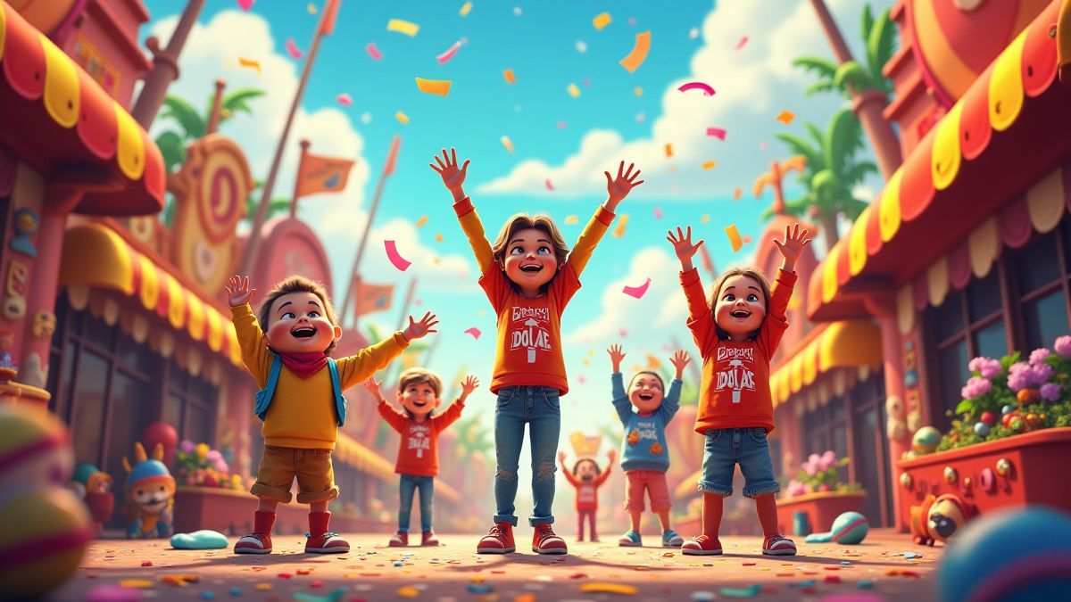 A carnival scene full of colors and happy characters celebrating with confetti