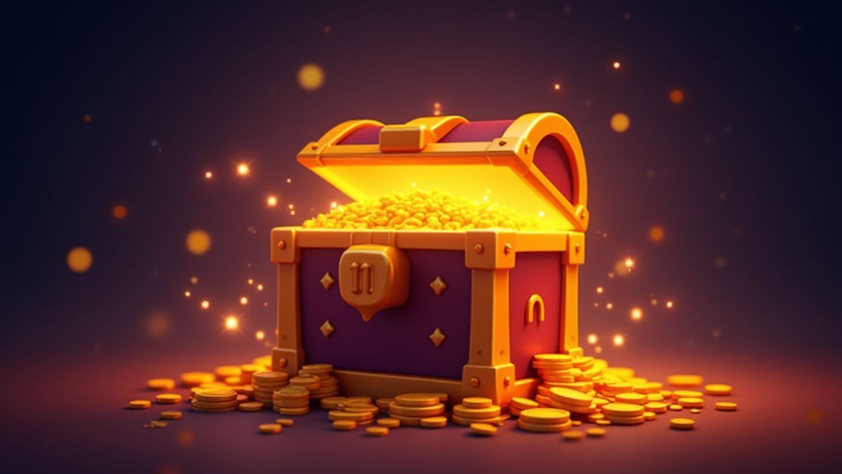 A glowing treasure chest surrounded by coins and sparkles