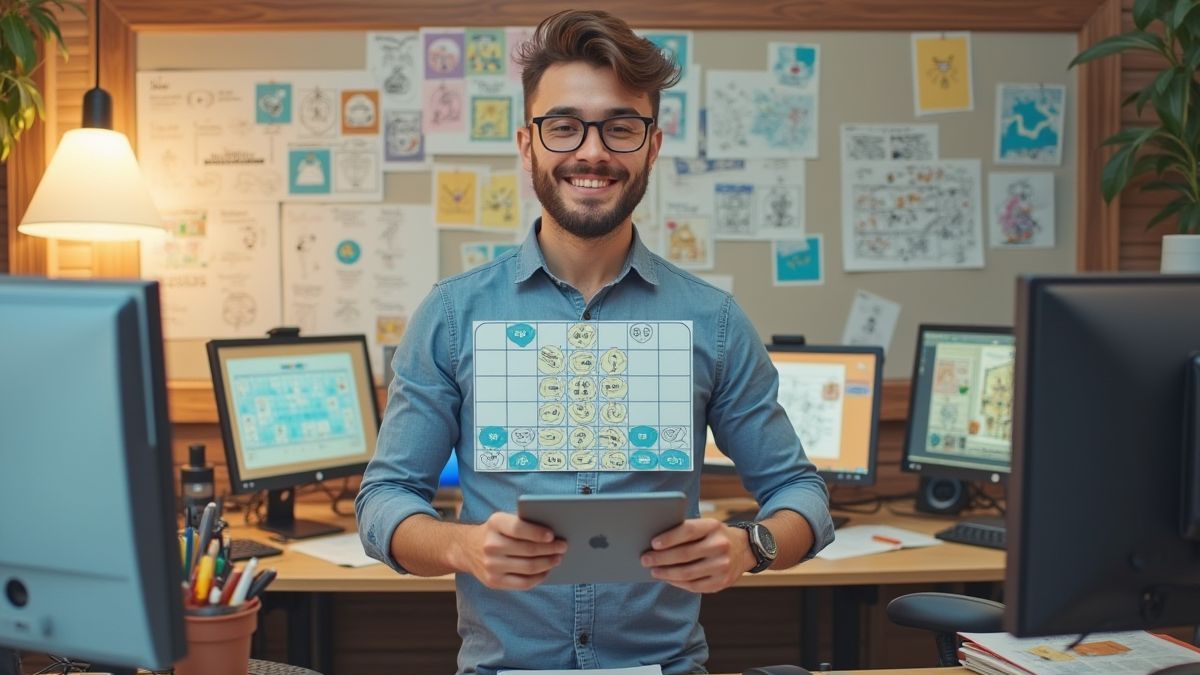 Escritório criativo de desenvolvedores com esboços de temas de bingo em quadros brancos e computadores.
