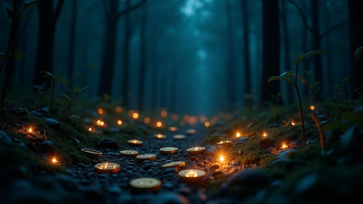 A dark forest with glowing coins scattered on the ground.