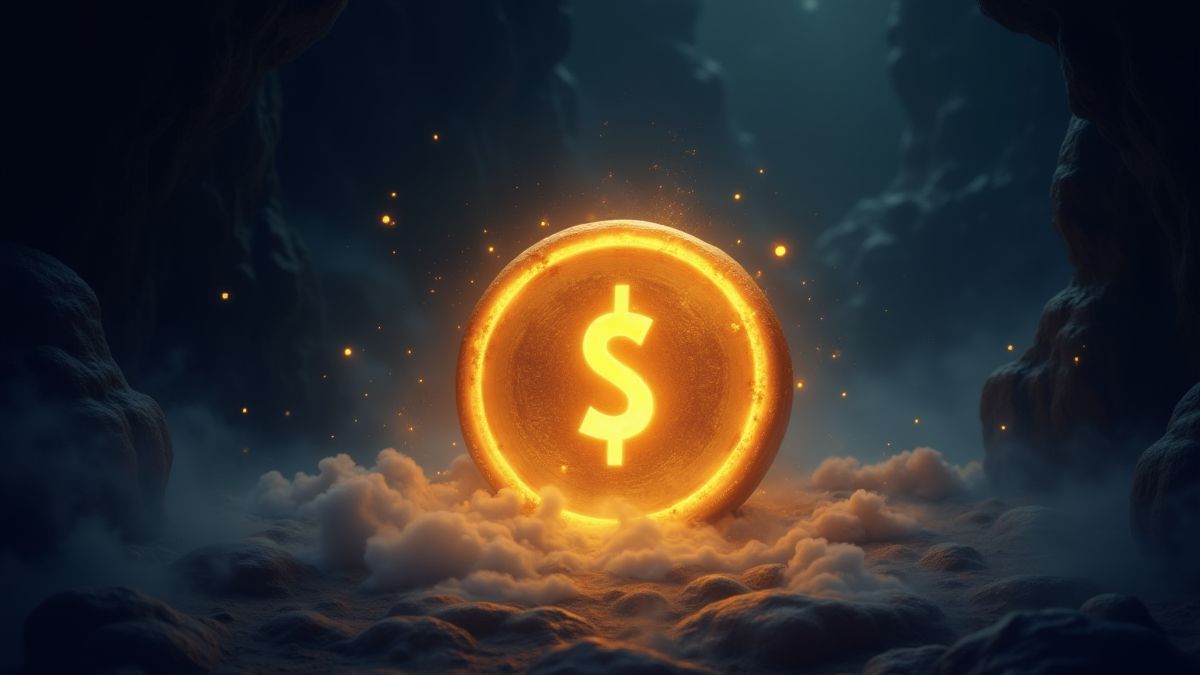 A glowing coin surrounded by mist in a dark cave.