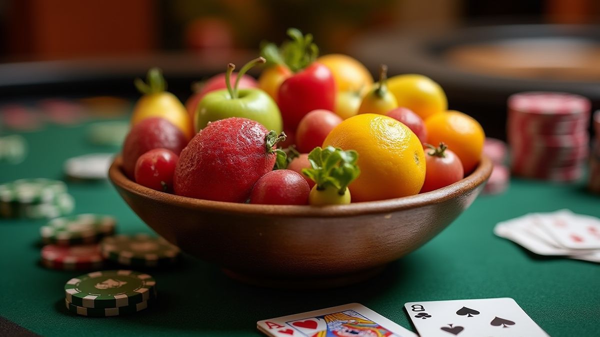 Bol de fruits mélangés sur une table de casino avec jetons et cartes