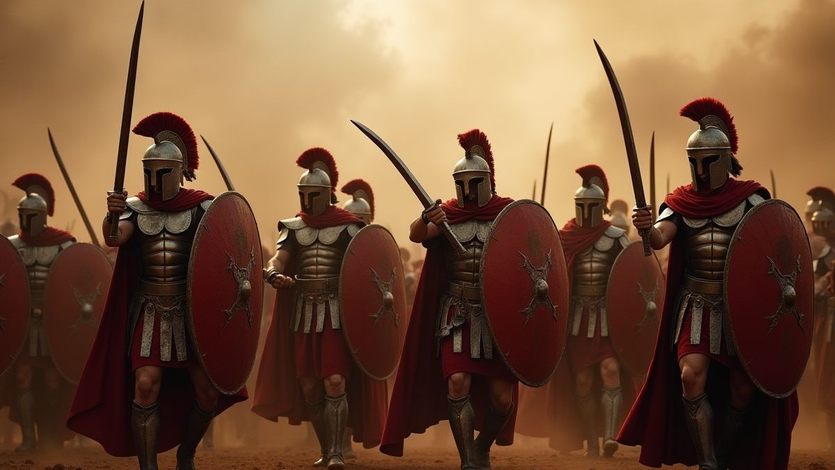 Schilde und Schwerter auf einem spartanischen Schlachtfeld.