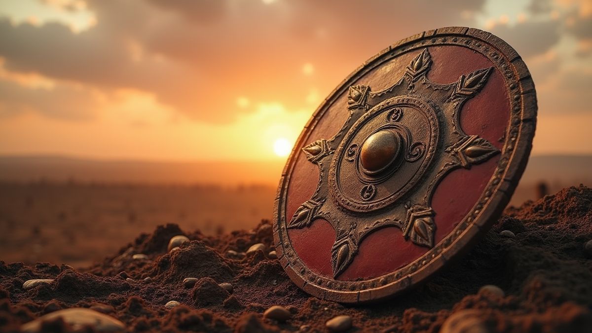 Un escudo espartano en medio de un campo de batalla bajo un cielo dramático.