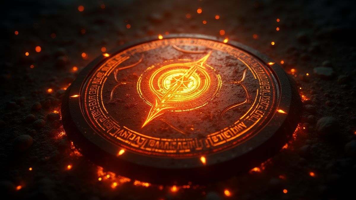 Un escudo brillante con grabados antiguos y chispas alrededor.