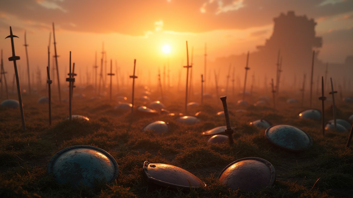 Un campo de batalla al amanecer con espadas y escudos dispersos.