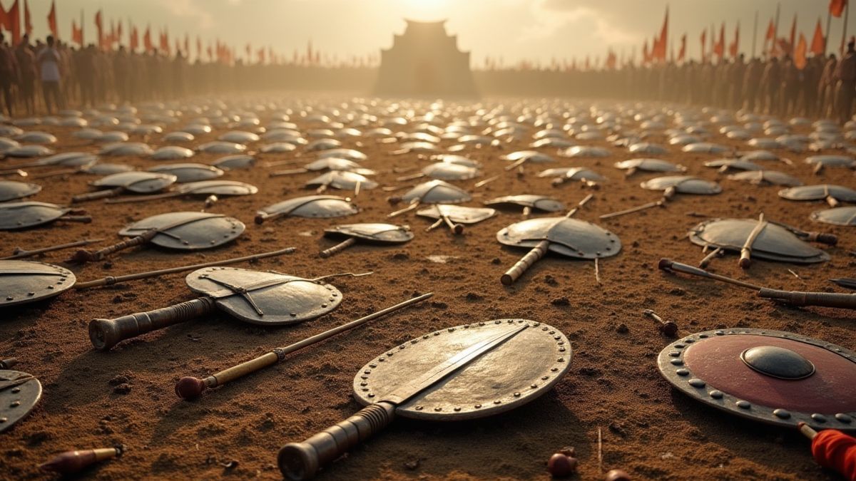 Veldslag met schilden en zwaarden.