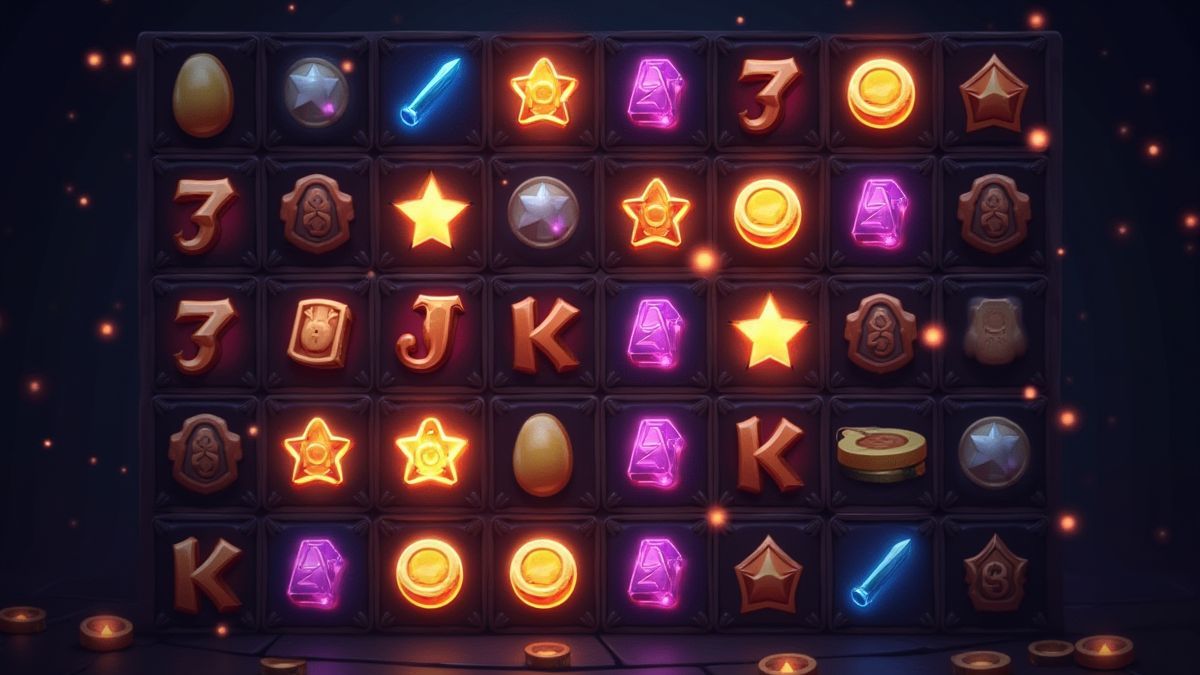 Tableau de 6x6 avec des symboles brillants et des pièces dorées.