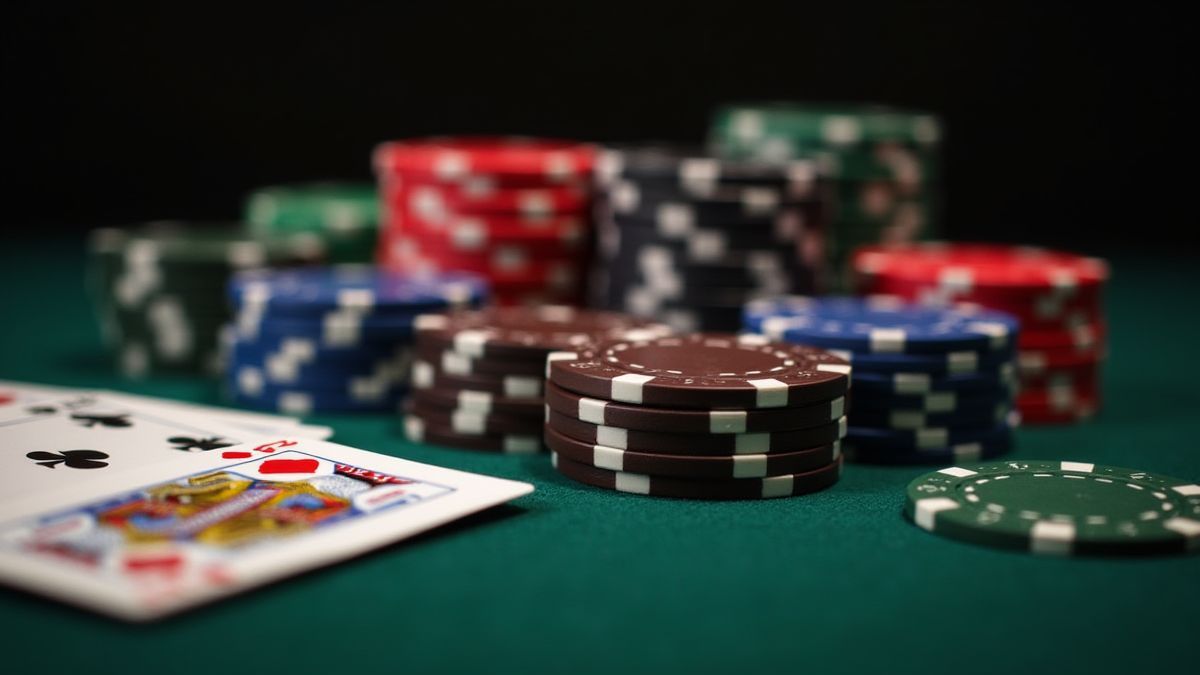 Fichas de pôquer empilhadas ao lado de cartas em uma mesa.
