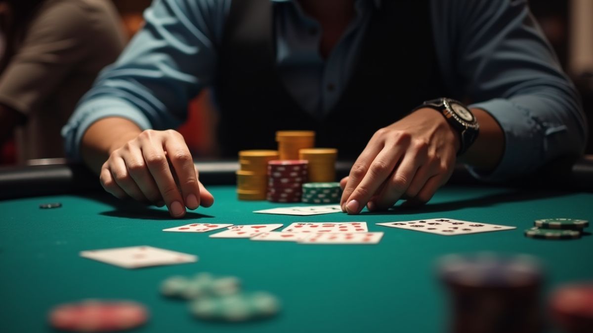 Pessoa pensando estratégias em uma mesa de pôquer.