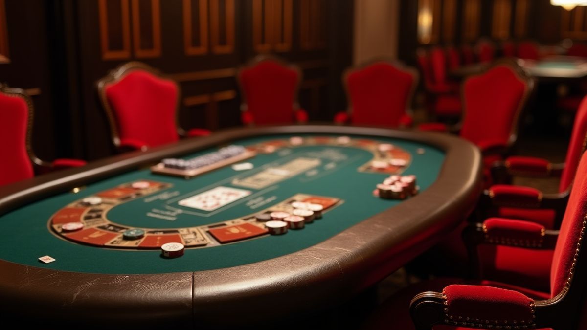 Poker table with chips and cards in an elegant room.