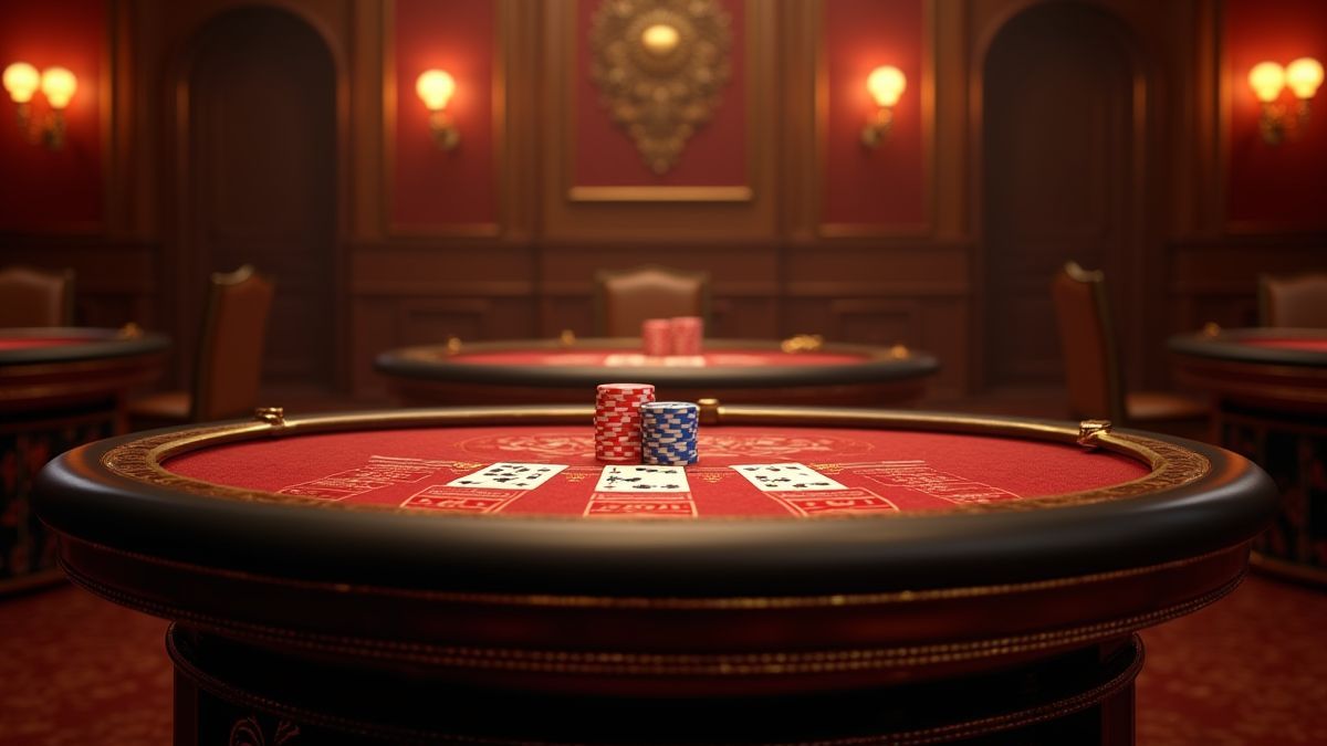 Luxurious poker table with golden details and dim light.