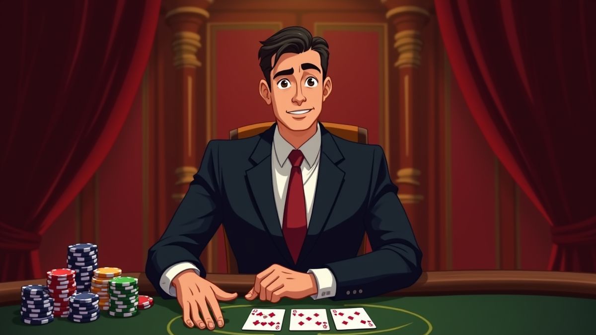 Elegant poker player at a table with chips and cards.