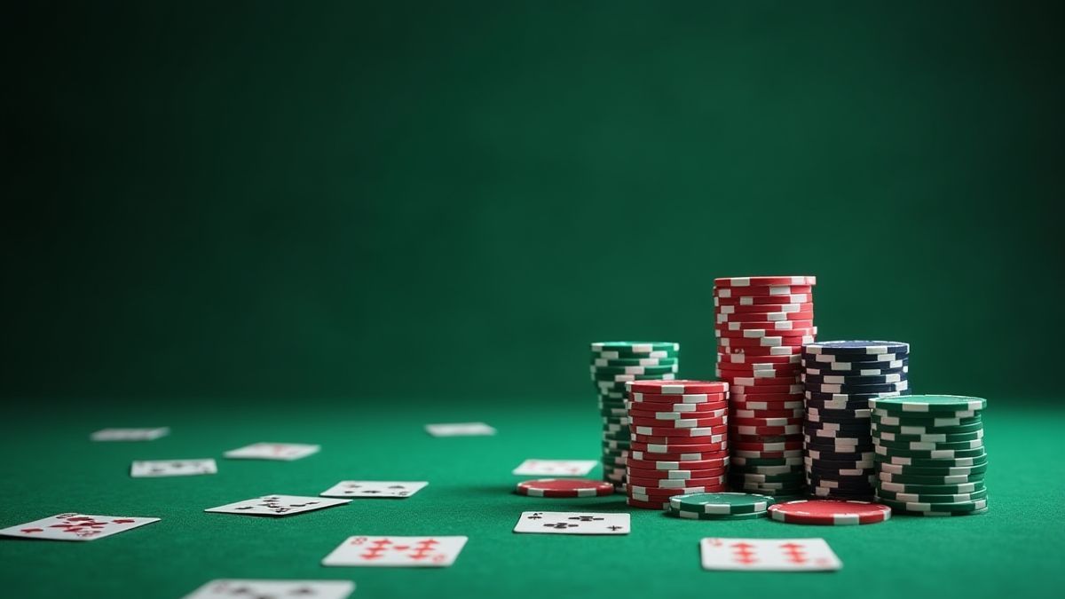 Fichas de póker apiladas en una mesa de fieltro verde con cartas esparcidas.