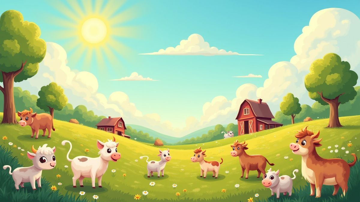 Sonnenbeschienenes Bauernhof-Landschaft mit glücklichen Tieren.