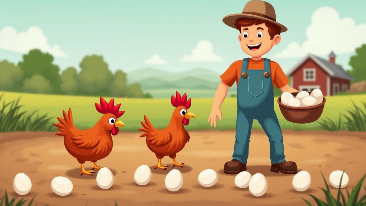 Ein einfaches Bauernhof-Szenario mit Hühnern und einem lächelnden Bauern.
