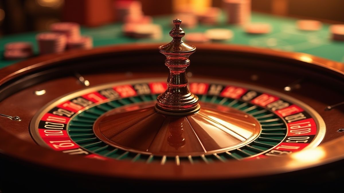 Rueda de ruleta con fichas en un casino glamuroso.