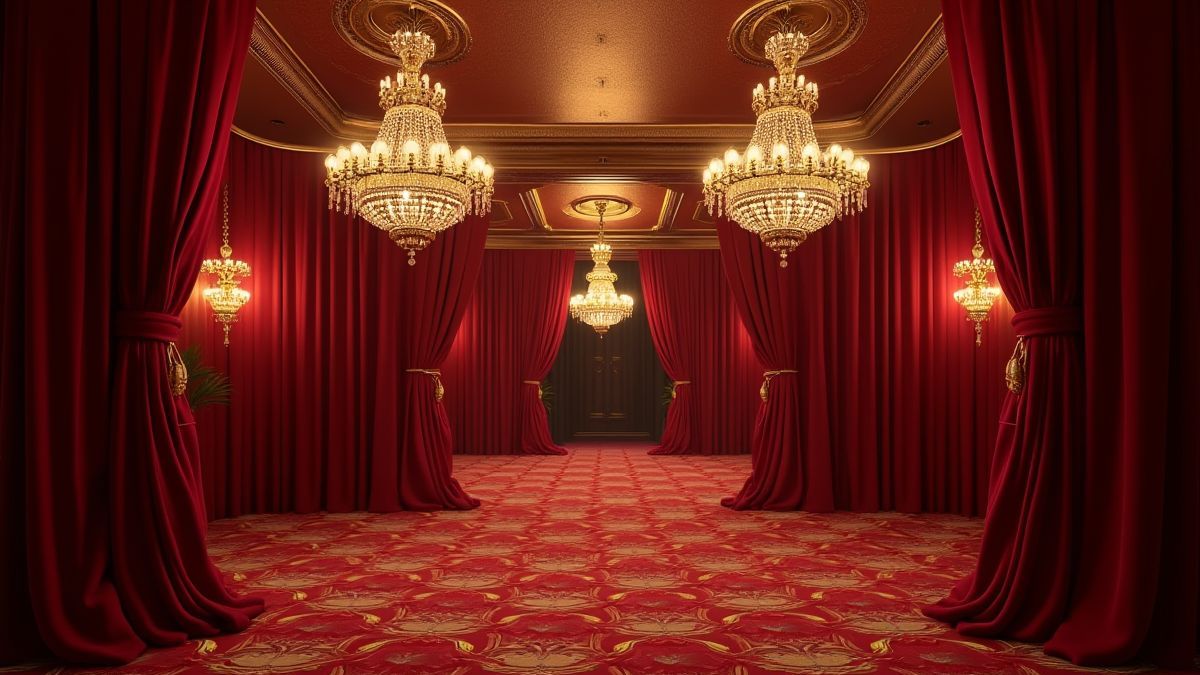Interior de casino lujoso con lámparas doradas y cortinas de terciopelo.