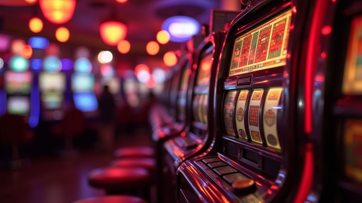Imagen de una máquina tragaperras retro en un entorno brillante de casino.