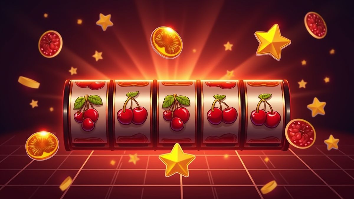 Símbolos clásicos en un slot de diseño retro.