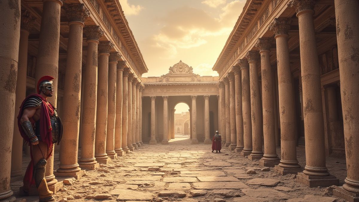 Arquitetura romana antiga com colunas e armadura de gladiador.