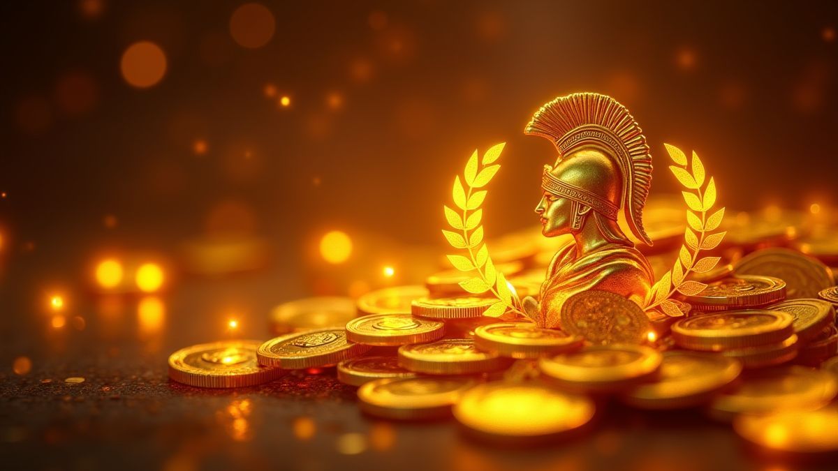Monedas doradas brilhantes e símbolos romanos como laureles e cascos de gladiador.