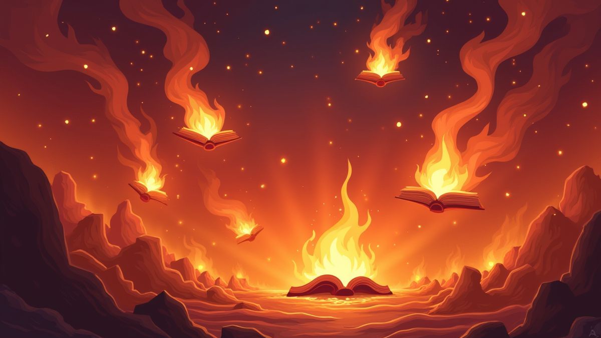 Cena infernal com tomos mágicos brilhando no ar.