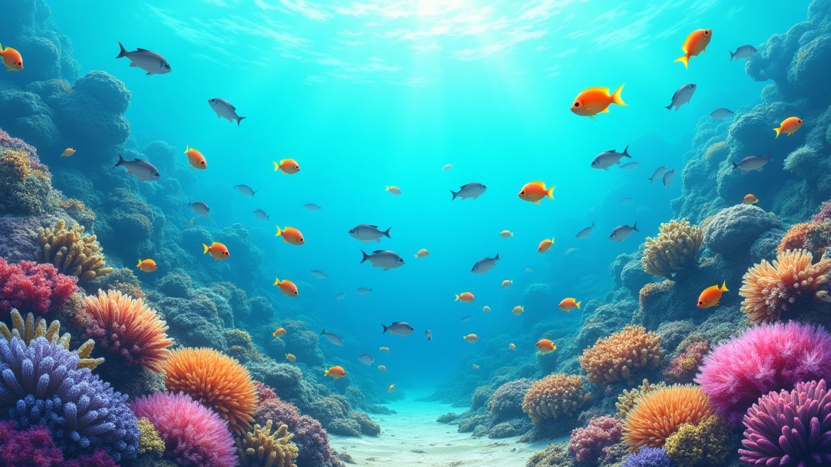 Recifes de coral submarinos com peixes coloridos.