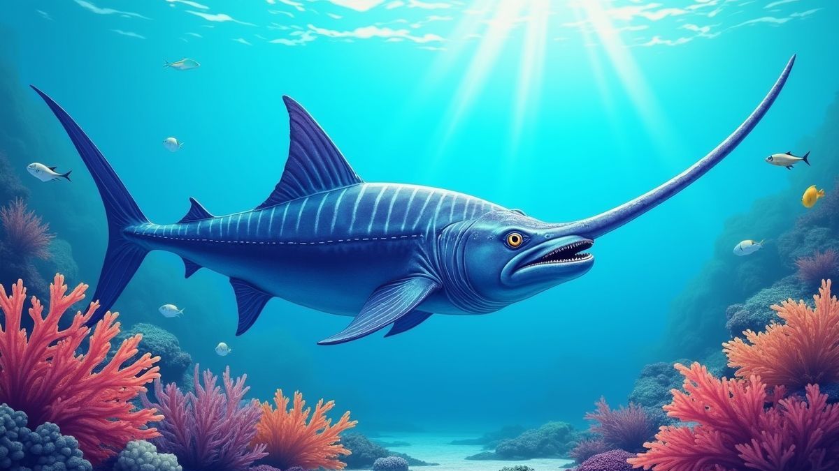 Um peixe espada nadando entre corais vibrantes.