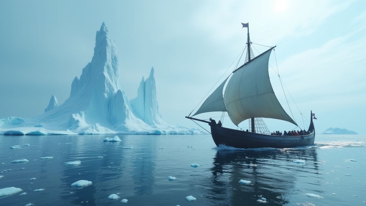 Barco vikingo navegando em águas geladas entre icebergs.