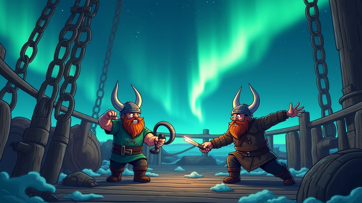 Vikings lutando na cobertura de um barco sob luzes do norte.