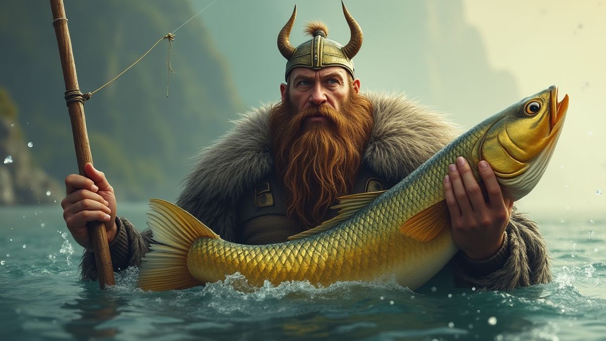 Vikingo segurando uma vara de pescar e capturando um peixe dourado.