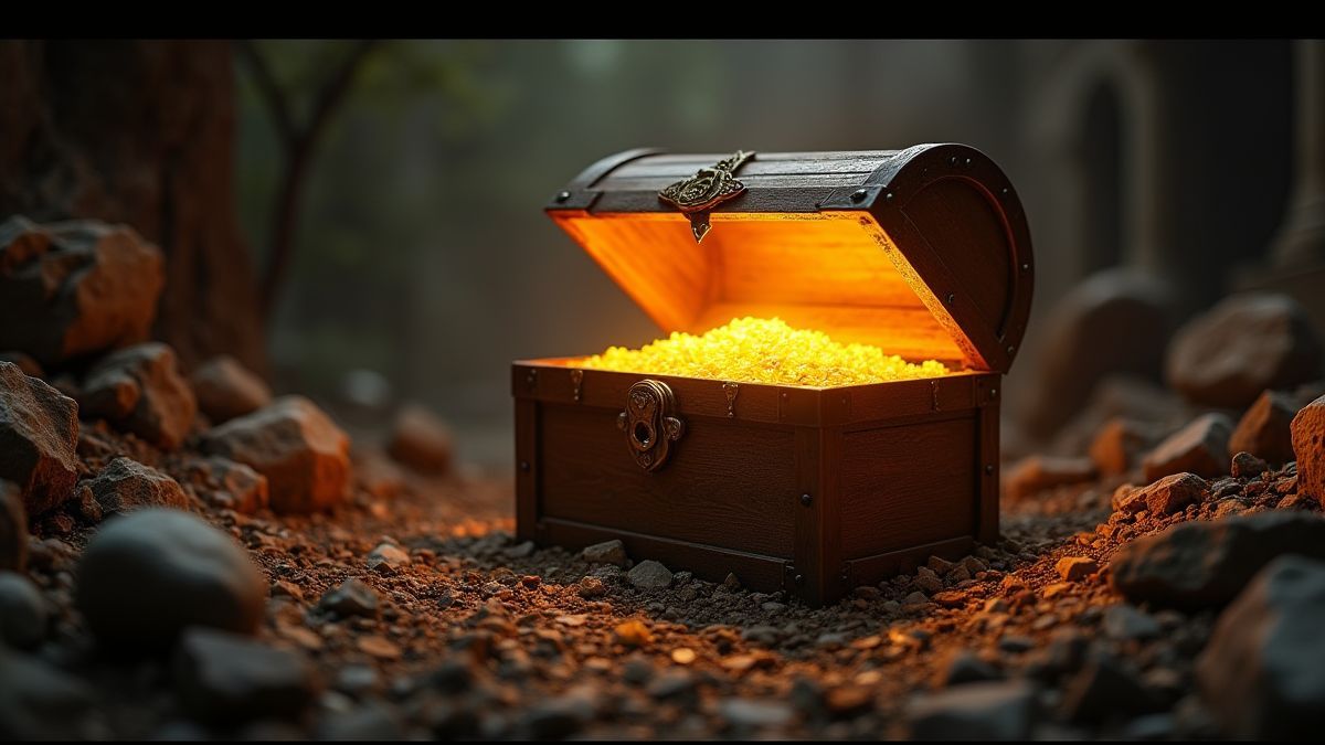 Un cofre del tesoro resplandeciente entre ruinas.