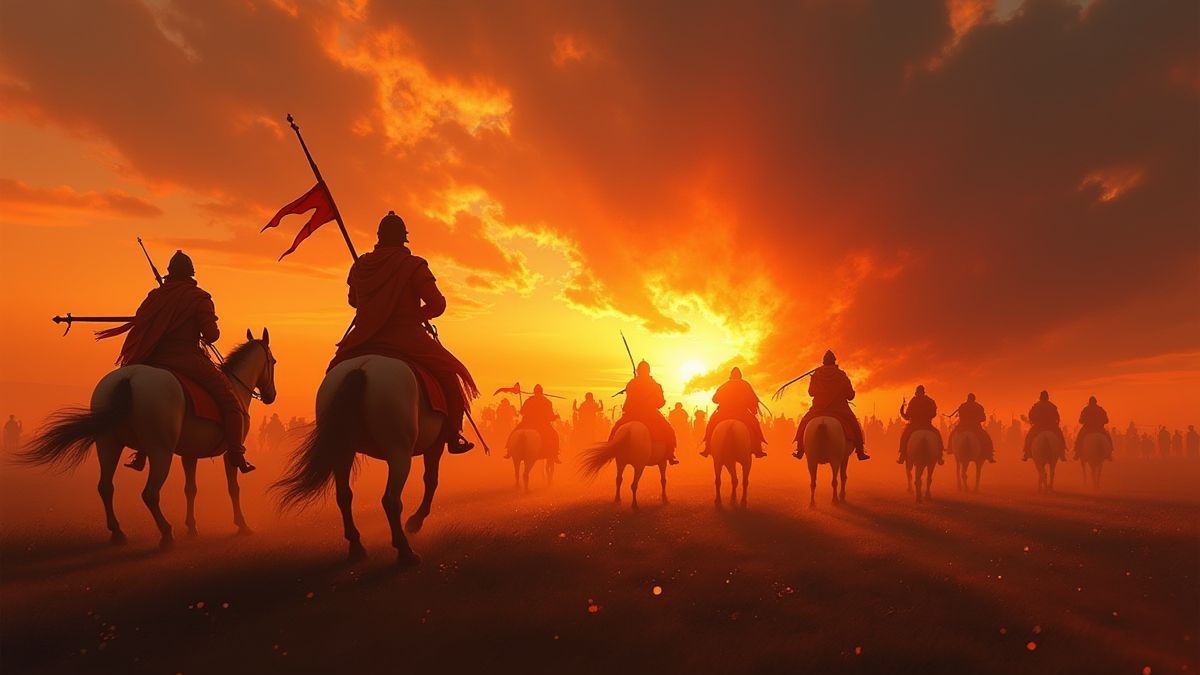 Un campo de batalla ardiente con guerreros a caballo en la distancia.