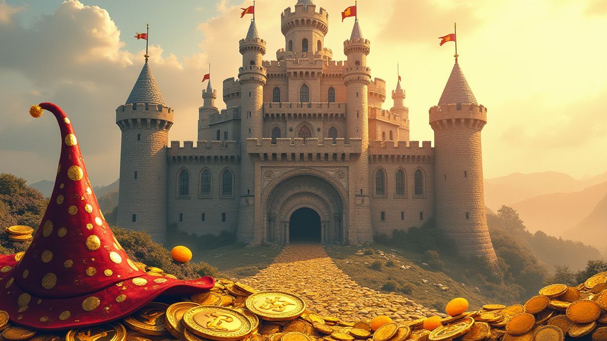 A medieval castle surrounded by gold coins and a jester hat.