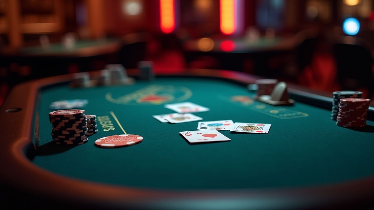 Moderne Pokertisch-Anordnung mit Chips und Karten.