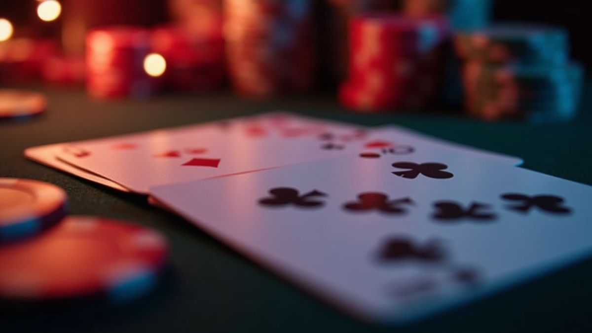 Pokertkarten und Chips unter sanfter Casino-Beleuchtung.
